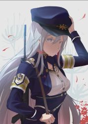 Rule 34 | 1girl, 86 -eightysix-, absurdres, arm up, armband, blue hat, closed mouth, colored eyelashes, dress shirt, floating hair, flower, grey eyes, gun, hat, highres, long hair, long sleeves, military hat, morning (k0492255676), petals, red flower, rifle, shirt, shrug (clothing), solo, standing, underbust, upper body, very long hair, vladilena millize, weapon, white background, white hair, white shirt