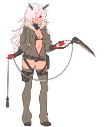 Rule 34 | 1girl, absurdres, belt, black bra, black footwear, black panties, blade horns, boots, bra, breasts, contrapposto, enkyo yuuichirou, full body, gloves, grey jacket, grey thighhighs, hair between eyes, hair over one eye, highres, holding, holding weapon, horns, jacket, leg strap, long hair, long sleeves, looking at viewer, medium breasts, navel, one eye covered, open clothes, open jacket, original, panties, pink hair, pouch, red eyes, red gloves, sickle, simple background, solo, standing, thigh strap, thighhighs, underwear, weapon, white background, zipper