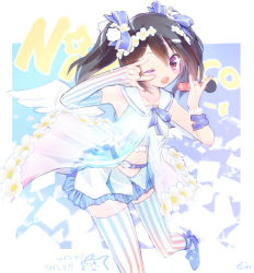 Rule 34 | 10s, 1girl, ;d, black hair, blue theme, ein (long cake), elbow gloves, flower, gloves, hair flower, hair ornament, hair ribbon, idol, love live!, love live! school idol festival, love live! school idol project, m/, microphone, one eye closed, open mouth, red eyes, ribbon, sailor collar, single elbow glove, smile, solo, striped clothes, striped gloves, striped thighhighs, thighhighs, twintails, vertical-striped clothes, vertical-striped thighhighs, wink, yazawa nico