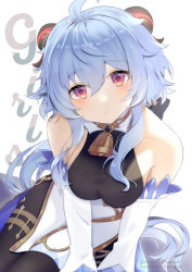 Rule 34 | 1girl, :o, ahoge, bare shoulders, bell, bent over, black gloves, black legwear, blue hair, blush, breasts, chieezuik, chinese knot, collarbone, cowboy shot, curled horns, detached sleeves, dot nose, ganyu (genshin impact), genshin impact, gloves, gold trim, tucking hair, highres, horns, leaning, leaning forward, long hair, looking at viewer, medium breasts, multicolored eyes, neck bell, open mouth, sidelocks, solo, tassel, thighlet, very long hair, vision (genshin impact), white background, white sleeves