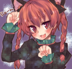 Rule 34 | 1girl, :3, animal ears, bad id, bad pixiv id, braid, cat ears, cat girl, fang, female focus, hair ribbon, kaenbyou rin, nonaka, paw pose, red eyes, red hair, ribbon, solo, touhou, twin braids, twintails, upper body