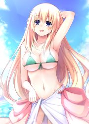 Rule 34 | 1girl, arm behind head, armpits, bikini, blonde hair, blue eyes, blush, breasts, cloud, day, doria (p f dolia), hand on own head, highres, large breasts, long hair, looking at viewer, navel, neptune (series), open mouth, sarong, sky, smile, solo, swimsuit, vert (neptunia), very long hair