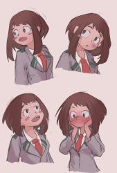 Rule 34 | 1girl, :d, :o, blush, blush stickers, bob cut, boku no hero academia, brown eyes, brown hair, flustered, hands on own cheeks, hands on own face, highres, long sleeves, looking away, looking down, looking to the side, looking up, multiple views, open mouth, red neckwear, school uniform, shirt, short hair, sidelocks, simple background, smile, u.a. school uniform, upper body, uraraka ochako, white shirt, yvrm8388