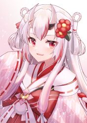 Rule 34 | 1girl, absurdres, blush, bow, braided hair rings, fang, flower, hair flower, hair ornament, hair rings, hair tubes, hand up, highres, hololive, horns, japanese clothes, kimono, long hair, long sleeves, looking at viewer, multicolored hair, nakiri ayame, nakiri ayame (shrine maiden), official alternate costume, open mouth, red eyes, red hair, rope, shimenawa, skin fang, sleeves past fingers, sleeves past wrists, smile, solo, streaked hair, tsumurimai, two side up, upper body, virtual youtuber, white hair, wide sleeves