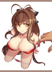 Rule 34 | 10s, 1girl, amagi brilliant park, bikini, bikini pull, blush, bow, breasts, brown hair, cleavage, clothes pull, collarbone, covered erect nipples, evan yang, full body, highres, large breasts, long hair, looking at viewer, o-ring, o-ring top, out of frame, pov, pov hands, red bikini, sento isuzu, shiny skin, simple background, skindentation, solo focus, swimsuit, yellow eyes