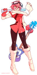 Rule 34 | 1girl, baseball bat, bass guitar, black pantyhose, boots, breasts, dual wielding, flcl, full body, goggles, goggles on head, green eyes, grin, haruhara haruko, highres, holding, instrument, knee boots, long legs, narrow waist, pantyhose, pink footwear, pink hair, pink scarf, rtil, scarf, short hair, smile, solo