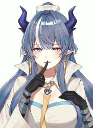 Rule 34 | 1girl, :d, arknights, black gloves, blue eyes, blue hair, blush, breasts, cleavage, coat, detached collar, dragon horns, earrings, elbow gloves, finger to mouth, gloves, highres, horns, hyeroin, index finger raised, jewelry, large breasts, ling (arknights), long hair, long sleeves, looking at viewer, multicolored hair, necktie, open clothes, open coat, open mouth, pointy ears, shushing, simple background, smile, solo, streaked hair, two-tone hair, upper body, white background, white coat, white hair, yellow necktie