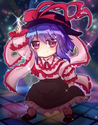 Rule 34 | 1girl, arm up, black footwear, black hat, black skirt, bow, closed mouth, dance floor, disco, frilled skirt, frills, full body, hair between eyes, hat, hat bow, hat ribbon, highres, index finger raised, light particles, long sleeves, looking at viewer, medium hair, nagae iku, one-hour drawing challenge, pink shirt, pink sleeves, pointing, pointing up, purple hair, red bow, red eyes, red neckwear, red ribbon, ribbon, shirt, skirt, smile, socks, solo, touhou, unime seaflower, v-shaped eyebrows, weapon, white footwear