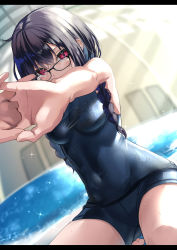 Rule 34 | 1girl, absurdres, black hair, blue one-piece swimsuit, blurry, blurry background, blush, braid, breasts, glasses, hair between eyes, highres, long hair, looking at viewer, low twintails, medium breasts, one-piece swimsuit, original, outstretched arms, poolside, red eyes, school swimsuit, solo, stretching, swimsuit, twin braids, twintails, water, wet, yufou