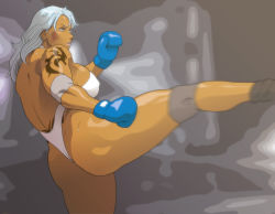 Rule 34 | abstract background, arm tattoo, ass, back, back cutout, back tattoo, blue eyes, boots, boxing gloves, breasts, bruise, clothing cutout, curvy, dark skin, elbow pads, fighting, fighting stance, groin, high kick, highleg, highleg leotard, highres, hip focus, injury, karen adams, kicking, knee pads, large breasts, leotard, long hair, mixed martial arts, motion blur, muscular, muscular female, nappii (nappy happy), original, shiny skin, sideboob, solo, sweat, tattoo, thick thighs, thighs, thong leotard, tramp stamp, white hair, wrestling outfit, wristband