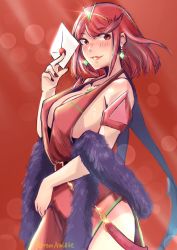 Rule 34 | 1girl, bare shoulders, blush, breasts, chest jewel, cleavage, cocktail dress, dress, earrings, envelope, gem, headpiece, highres, huge breasts, jewelry, large breasts, letter, looking at viewer, nail polish, nintendo, pyra (xenoblade), red eyes, red hair, short hair, sideboob, smash invitation, smile, solo, super smash bros., swept bangs, thighs, tiara, vialnite, wax seal, xenoblade chronicles (series), xenoblade chronicles 2