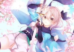 Rule 34 | 1girl, arm guards, black bow, black scarf, black thighhighs, blonde hair, blurry, bow, breasts, cherry blossoms, chihiro (khorosho), depth of field, dutch angle, fate (series), glint, hair between eyes, hair bow, half updo, haori, highres, holding, holding sheath, holding sword, holding weapon, japanese clothes, katana, kimono, koha-ace, looking at viewer, obi, okita souji (fate), okita souji (koha-ace), parted lips, petals, ponytail, sash, scarf, sheath, shinsengumi, short hair, small breasts, smile, solo, sparkle, sword, teeth, thighhighs, thighs, unsheathing, weapon, white kimono, yellow eyes