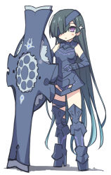 Rule 34 | 1girl, armor, armored boots, armored dress, bare shoulders, black footwear, black hair, black thighhighs, blue hair, blush, boots, cosplay, eyepatch, fate/grand order, fate (series), full body, gauntlets, gradient hair, hair over one eye, holding, holding shield, long hair, looking at viewer, mash kyrielight, mash kyrielight (cosplay), mochizuki chiyome (fate), multicolored hair, shield, simple background, solo, sparkle, standing, stroma, thighhighs, very long hair, white background