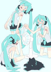 Rule 34 | 3girls, absurdres, aqua hair, aqua nails, aqua necktie, bare arms, bare shoulders, between legs, black skirt, blue eyes, blush stickers, clone, closed eyes, commentary, electric fan, flat color, food, food in mouth, grey shirt, hair ornament, half-closed eyes, hand between legs, hatsune miku, headphones, highres, holding, holding food, ice cream bar, kinosuke (pattaba), kneeling, leaning back, long hair, miniskirt, mouth hold, multiple girls, nail polish, necktie, no legwear, open mouth, pleated skirt, shirt, shoulder tattoo, sitting, skirt, sleeveless, sleeveless shirt, unworn sleeves, standing, tan, tanline, tattoo, toenail polish, toenails, twintails, very long hair, vocaloid, wavy mouth