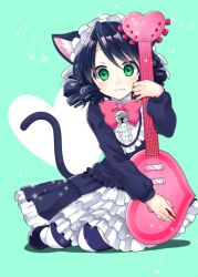Rule 34 | 10s, 1girl, animal ears, bad id, bad pixiv id, bell, blue hair, blush, bow, bowtie, cat ears, cat tail, curly hair, cyan (show by rock!!), green eyes, guitar, heart guitar, instrument, looking at viewer, m 0506, short hair, show by rock!!, solo, strawberry heart (show by rock!!), striped clothes, striped thighhighs, tail, thighhighs