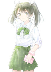 Rule 34 | 1girl, absurdres, alternate costume, bow, bowtie, check commentary, commentary request, green bow, green bowtie, green eyes, green hair, green skirt, hair ribbon, highres, holding, holding phone, ise dango, kantai collection, phone, pleated skirt, ribbon, school uniform, scrunchie, shirt, shirt tucked in, skirt, smile, solo, twintails, white shirt, wrist scrunchie, zuikaku (kancolle)