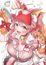 1girl, absurdres, animal ear fluff, animal ears, apron, bangs, bell, bow, breasts, character name, cleavage, clothes writing, coffee cup, collar, collarbone, cup, disposable cup, dress, fang, fangs, fate/extra, fate/grand order, fate (series), food, fox ears, fox girl, fox tail, gloves, hair between eyes, hair bow, highres, ice cream, jingle bell, large breasts, long hair, looking at viewer, lostroom outfit (fate), neck bell, open mouth, paw gloves, paws, petaru, pink hair, ponytail, puffy short sleeves, puffy sleeves, red bow, short sleeves, sidelocks, smile, spoon, striped, striped dress, sundae, tail, tamamo (fate) (all), tamamo cat (fate), visor cap, white apron, yellow eyes