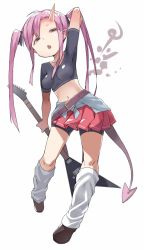 Rule 34 | 1girl, atage, bass guitar, belt, bike shorts, breasts, collarbone, full body, grey eyes, horns, instrument, looking at viewer, midriff, navel, open mouth, original, pink hair, shoes, simple background, single horn, skirt, small breasts, socks, solo, tail, twintails, white background