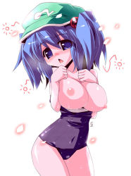 Rule 34 | 1girl, blue eyes, blue hair, blush, breasts, clothes pull, female focus, hair bobbles, hair ornament, hat, kawashiro nitori, large breasts, matching hair/eyes, miuku (marine sapphire), nipples, one-piece swimsuit, one-piece swimsuit pull, school swimsuit, solo, swimsuit, touhou, twintails, two side up