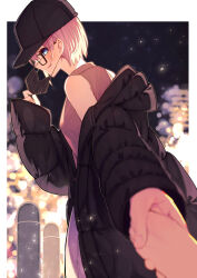 Rule 34 | 1girl, :p, absurdres, black-framed eyewear, black coat, black headwear, black mask, blue eyes, blurry, blurry background, blush, casual, cityscape, coat, commentary, depth of field, from side, glasses, go-toubun no hanayome, hair between eyes, hand up, hat, highres, holding hands, light particles, long sleeves, mask pull, nakano ichika, peaked cap, pink hair, pov, pov hands, profile, reaching, reaching towards viewer, shirt, short hair, sleeveless, sleeveless shirt, solo focus, tamago sando, tongue, tongue out, upper body