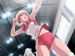 Rule 34 | 00s, 1girl, armpits, artist request, ball, bandaged fingers, bandages, buruma, clothes lift, elbow pads, female focus, foot out of frame, from below, game cg, green eyes, indoors, jumping, kasuga tsukasa, knee pads, midriff, midriff peek, navel, open mouth, pink hair, playing sports, red buruma, red hair, shirt lift, shoes, short hair, sneakers, socks, solo, tape, tokimeki memorial, tokimeki memorial only love, volleyball, volleyball (object), white footwear, white socks