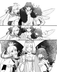 Rule 34 | 1boy, 2girls, 3koma, :d, ?, ^ ^, ahoge, annoyed, armor, artoria caster (third ascension) (fate), bow, breastplate, butterfly wings, ca (ca gemini), cape, capelet, closed eyes, comic, covering own mouth, crown, diamond hairband, double-parted bangs, dress, facial mark, fate/grand order, fate (series), forehead mark, frills, fujimaru ritsuka (female), fujimaru ritsuka (female) (decisive battle chaldea uniform), fur-trimmed cape, fur-trimmed capelet, fur trim, glaring, gloves, greyscale, hair between eyes, hair bow, hand up, highres, insect wings, long sleeves, looking at another, looking at viewer, medium hair, monochrome, motion lines, multiple girls, notice lines, oberon (fate), oberon (third ascension) (fate), open mouth, parted bangs, ponytail, profile, robe, sideways glance, silent comic, simple background, smile, squiggle, transformation, upper body, waving, white background, wings