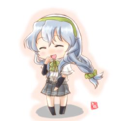 Rule 34 | 10s, 1girl, arm warmers, artist name, bow, bowtie, braid, closed eyes, eyebrows, green bow, green bowtie, hairband, highres, kantai collection, laughing, long hair, open mouth, pleated skirt, school uniform, serafuku, silver hair, simple background, single braid, skirt, solo, standing, suspenders, taisa (kari), yamagumo (kancolle)