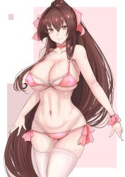 Rule 34 | 1girl, absurdres, bikini, blush, bow, breasts, brown eyes, brown hair, choker, cleavage, collarbone, double bikini, grin, hair bow, hair intakes, highres, kantai collection, ken (shutenndouji1), large breasts, long hair, looking at viewer, navel, pink background, pink bikini, ponytail, simple background, smile, solo, swimsuit, thighhighs, upper body, very long hair, white background, wristband, yamato (kancolle)
