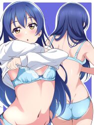 Rule 34 | 1girl, ass, blue background, blue bra, blue hair, blue panties, blush, borgbutler, bra, clothes lift, commentary, highres, long hair, looking at viewer, love live!, love live! school idol project, multiple views, navel, open mouth, panties, shirt, shirt lift, sonoda umi, underwear, undressing, white shirt, yellow eyes
