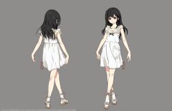 Rule 34 | 1girl, aged down, arms at sides, black hair, child, closed mouth, collarbone, commentary request, concept art, dress, final fantasy, final fantasy vii, final fantasy vii remake, frilled dress, frills, from behind, full body, grey background, kodomo no hi, long hair, looking at viewer, multiple views, official art, open hands, red eyes, roberto ferrari, sandals, smile, socks, square enix, standing, tifa lockhart, white dress, white socks