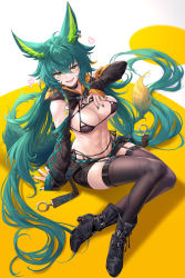 Rule 34 | 1girl, :d, abs, absurdly long hair, absurdres, ahoge, bikini, bikini under clothes, black bikini, black footwear, black shorts, black sleeves, black thighhighs, detached sleeves, floating hair, full body, garter straps, green eyes, green hair, green nails, hair between eyes, heart, highres, long hair, long sleeves, looking at viewer, nail polish, open mouth, original, shichigatsu, short shorts, shorts, sitting, sleeves past wrists, smile, solo, swimsuit, thighhighs, tongue, tongue out, two-tone background, very long hair, white background, yellow background, zettai ryouiki