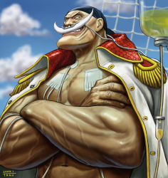 Rule 34 | 1boy, bandana, blue sky, crossed arms, edward newgate, facial hair, grin, intravenous drip, jacket, male focus, manly, matataku, medical, muscular, mustache, one piece, open clothes, open shirt, pirate, realistic, scar, shirt, topless male, sky, smile, solo, white hair