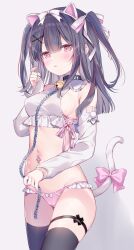 Rule 34 | 1girl, ame usari, animal ears, bell, black collar, black hair, black thighhighs, blush, bow, bow panties, breasts, cat ears, cat tail, chain, collar, commentary request, cross, detached sleeves, fake animal ears, frilled panties, frills, grey background, hair between eyes, hair bow, hairband, highres, jingle bell, long hair, long sleeves, looking away, medium breasts, mole, mole on breast, multicolored hair, navel, navel piercing, neck bell, original, panties, parted lips, piercing, pinching sleeves, pink bow, pink panties, puffy long sleeves, puffy sleeves, red eyes, red hair, shirt, sleeveless, sleeveless shirt, sleeves past wrists, solo, streaked hair, tail, tail bow, tail ornament, thighhighs, two-tone hair, underwear, white bow, white hairband, white shirt, white sleeves