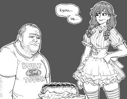 Rule 34 | 1boy, 1girl, absurdres, apron, bb (baalbuddy), dark background, dress, english text, fat, fat man, food, greyscale, highres, monochrome, obese, original, pinstripe pattern, sandwich, short twintails, simple background, skirt, speech bubble, striped clothes, striped dress, twintails, vertical-striped clothes, vertical-striped dress, wendy&#039;s, wendy (wendy&#039;s)