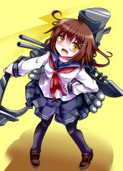 Rule 34 | 10s, 1girl, brown eyes, brown hair, fang, from above, highres, ikazuchi (kancolle), kantai collection, lilish, looking up, pantyhose, personification, school uniform, serafuku, short hair, solo, yellow background