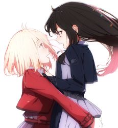 Rule 34 | 2girls, ass grab, black hair, blonde hair, blue eyes, breasts, carrying, carrying person, emblem, fan (ariku), grabbing another&#039;s ass, groping, happy, highres, inoue takina, long hair, long sleeves, looking at another, lycoris recoil, medium breasts, multiple girls, nishikigi chisato, pleated skirt, school uniform, short hair, simple background, skirt, surprised, upper body, white background, yellow eyes, yuri