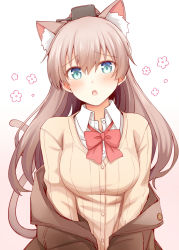 Rule 34 | 1girl, animal ears, blue eyes, blush, bow, bowtie, breasts, brown hair, brown jacket, cat ears, cat tail, collared shirt, jacket, kantai collection, kumano (kancolle), long hair, long sleeves, looking at viewer, medium breasts, off shoulder, ponytail, red bow, red bowtie, rui shi (rayze ray), shirt, solo, tail, upper body, white shirt