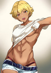 Rule 34 | abs, armpits, belt, belt buckle, blonde hair, buckle, clothes lift, cowboy shot, dark-skinned female, dark skin, fingerless gloves, g-string, gloves, lifted by self, looking at viewer, orange eyes, original, shirt lift, short hair, short shorts, shorts, simple background, solo, tashiro tetsuya, thong, tomboy, tongue, tongue out