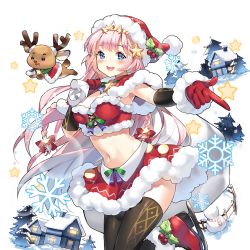Rule 34 | 1girl, black thighhighs, blue eyes, blush, breasts, carrying over shoulder, cleavage, cowboy shot, fur trim, gloves, hair ornament, hat, holding, holding sack, ice skates, leg up, long hair, looking at viewer, medium breasts, midriff, mistletoe, monaca burlone, navel, official art, open mouth, outstretched arm, pink hair, red gloves, reindeer, sack, santa costume, santa hat, sheska xue, skates, skirt, smile, snowflakes, solo, star (symbol), star hair ornament, teeth, thighhighs, transparent background, uchi no hime-sama ga ichiban kawaii, upper teeth only