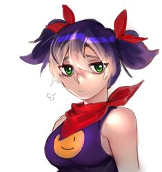 Rule 34 | 1girl, breasts, digimon, female focus, green eyes, impmon, looking at viewer, medium breasts, multicolored hair, personification, purple hair, scard, solo, twintails, white hair