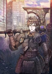 Rule 34 | 1boy, armor, axe, battle axe, belt, breastplate, brown hair, building, chainmail, character request, cloud, cloudy sky, collar, collared shirt, copyright request, day, elbow pads, faulds, gauntlets, green eyes, highres, holding, holding axe, holding weapon, looking to the side, male focus, open mouth, over shoulder, panda8581, pauldrons, shirt, shoulder armor, sky, weapon, weapon over shoulder