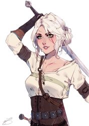 Rule 34 | 1girl, blouse, breasts, ciri, cleavage, corset, facial scar, fantasy, freckles, gloves, green eyes, hair bun, highres, holding, holding sword, holding weapon, leather, lips, lipstick, makeup, pink lips, scar, scar on cheek, scar on face, shirt, silver hair, single hair bun, solo, sword, the witcher (series), the witcher 3, weapon, white shirt, yachibi