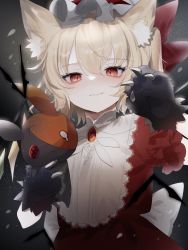 Rule 34 | 1girl, alternate costume, animal ears, animal hands, blonde hair, bow, cat ears, character request, claw pose, flandre scarlet, gloves, grin, hat, highres, kemonomimi mode, light particles, looking at viewer, mob cap, paw gloves, puffy short sleeves, puffy sleeves, red eyes, sharp teeth, short sleeves, smile, sorani (kaeru0768), teeth, touhou, wings