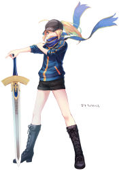 Rule 34 | 1girl, ahoge, artoria pendragon (fate), baseball cap, black footwear, blonde hair, blue eyes, blue scarf, boots, cross-laced footwear, excalibur (fate/stay night), fate/grand order, fate (series), hat, holding, holding weapon, jacket, knee boots, lace-up boots, mysterious heroine x (fate), open mouth, ponytail, rojiura satsuki : chapter heroine sanctuary, saber (fate), scarf, solo, somemiya suzume, track jacket, weapon, white background