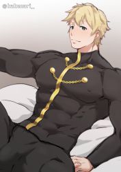 1boy blonde_hair blush bulge crotch fate/grand_order fate_(series) gawain_(fate) kakenari male_focus muscular sitting smile solo