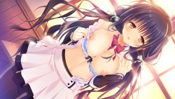Rule 34 | 1girl, black hair, blue bra, blush, bow, bow bra, bra, bra pull, breasts, breasts out, clothes pull, dutch angle, game cg, highres, indoors, kifune yuzu, large breasts, long hair, looking at viewer, nipples, open clothes, open mouth, orange eyes, otome domain, pleated skirt, skirt, solo, tatekawa mako, underwear