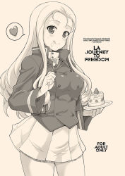 Rule 34 | 1girl, :q, bc freedom military uniform, brown theme, cake, circle name, closed mouth, copyright name, cowboy shot, dress shirt, drill hair, english text, food, food on face, fork, girls und panzer, hagiya masakage, heart, high collar, holding, holding fork, holding saucer, jacket, long hair, long sleeves, looking at viewer, marie (girls und panzer), military, military uniform, miniskirt, monochrome, pleated skirt, saucer, shirt, skirt, smile, solo, spoken heart, standing, tongue, tongue out, uniform, vest