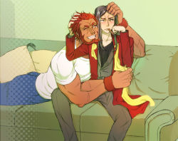Rule 34 | 2boys, aged up, beard, black eyes, black hair, blush, casual, cigar, couch, facial hair, fate/zero, fate (series), green upholstery, iskandar (fate), long hair, lord el-melloi ii, male focus, multiple boys, one eye closed, parted bangs, red eyes, red hair, shirt, t-shirt, time paradox, vesperster, waver velvet, wink