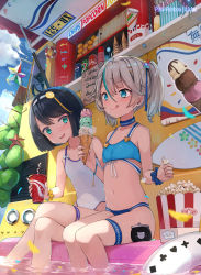 Rule 34 | 2girls, :q, artist name, bikini, black hair, blue bikini, blue choker, blue eyes, blue sky, bob cut, child, choker, cloud, cup, day, flat chest, food, food-themed hair ornament, green eyes, grey hair, hair ornament, hairband, highres, holding, holding cup, ice cream, ice cream cone, lemon hair ornament, liclac, looking at another, multicolored hair, multiple girls, navel, one-piece swimsuit, original, outdoors, partially submerged, popcorn, scrunchie, short hair, short twintails, side ponytail, sitting, sky, streaked hair, summer, sweat, swimsuit, tongue, tongue out, twintails, water, white hairband, white one-piece swimsuit, wrist scrunchie, yellow scrunchie