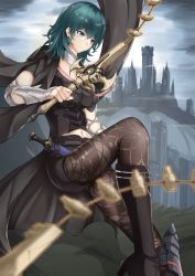 Rule 34 | absurdres, armlet, armor, blue eyes, blue hair, boots, breasts, brown pantyhose, bustier, byleth (female) (fire emblem), byleth (fire emblem), capelet, dagger, ega-chan, fire emblem, fire emblem: three houses, floral print, hair between eyes, high heel boots, high heels, highres, knee pads, knife, lace, lace-trimmed legwear, lace trim, leg up, pantyhose under shorts, navel, nintendo, pantyhose, patterned legwear, print legwear, print pantyhose, short sleeves, shorts, shoulder armor, single knee pad, sword of the creator, tassel, turtleneck, vambraces, waist cape, weapon, whip sword